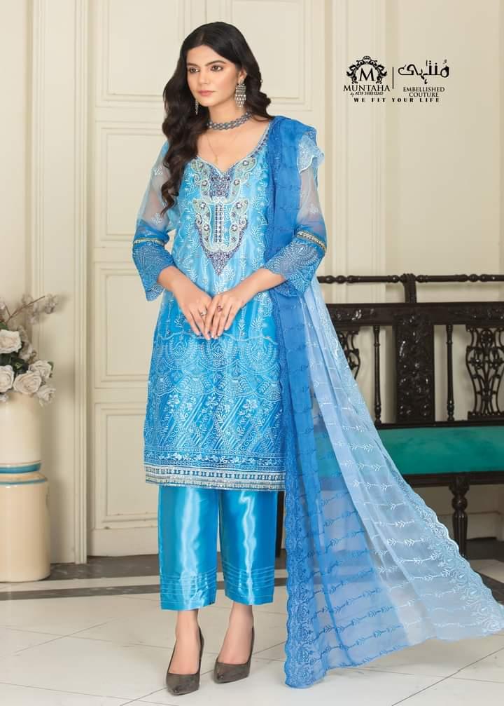 Shehnai Chicken Stitched Organza Sky Blue