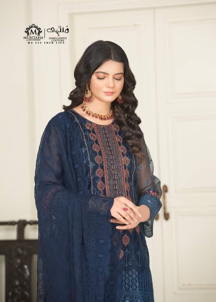 Shehnai Chicken Stitched Organza Blue